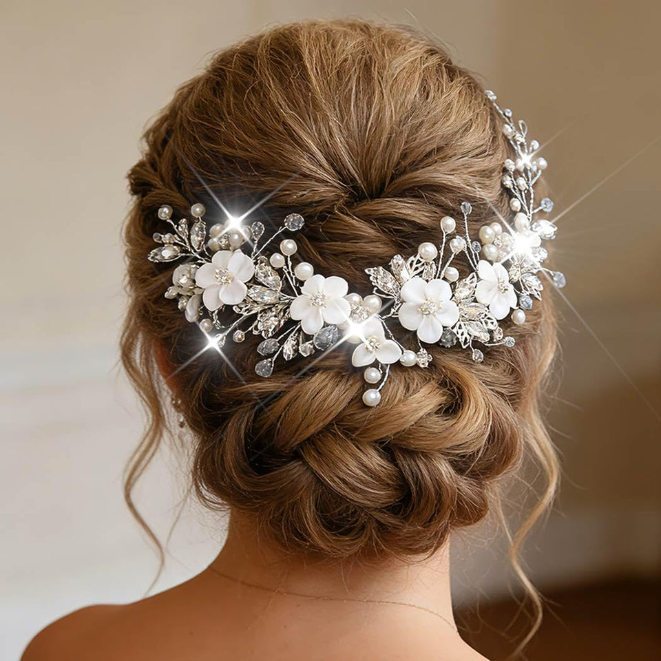 Catery front view of silver hair vine showing overall shape and bridal appeal
