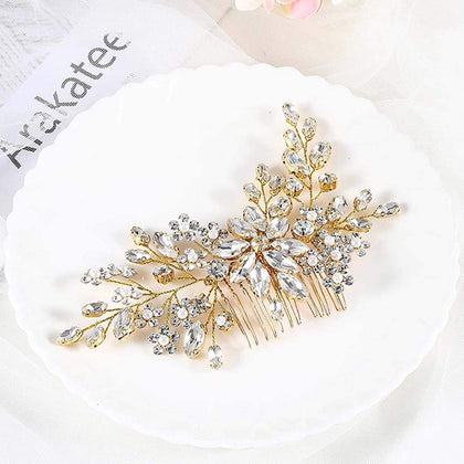 Catery gold bridal hair comb front view showing floral design and elegant sparkle