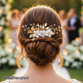 Catery hair comb styled on a bride in a wedding setting for finishing touch