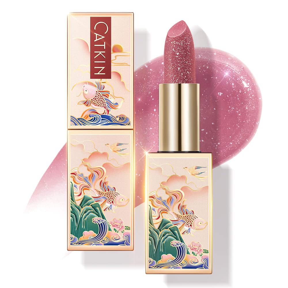 Catkin front packaging showing plum tinted balm and couture case benefit: portable elegance