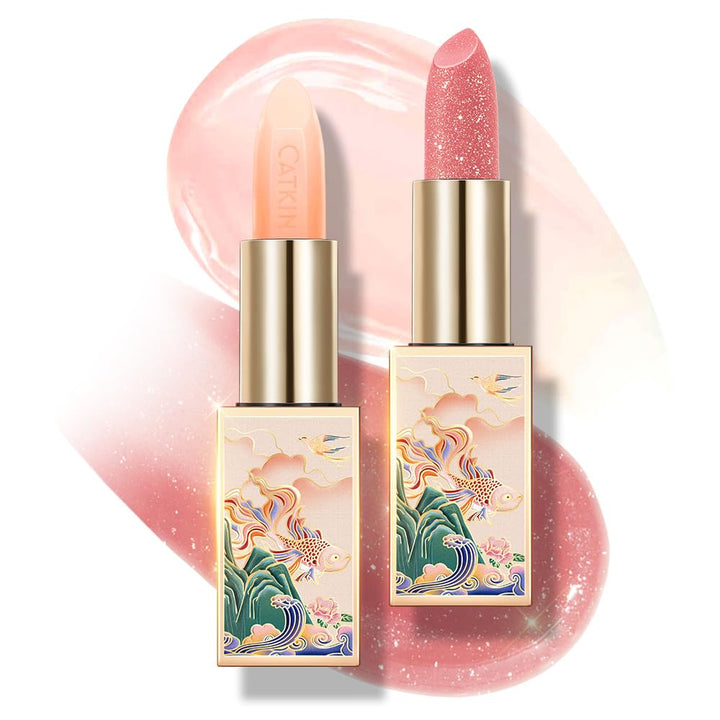 Catkin front packaging duo showing two tinted balm tins and couture case, convenient hydration