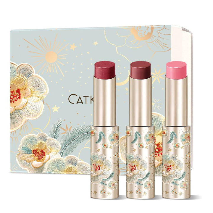 Catkin front packaging showing three glossy lip balms and colors benefit quick selection