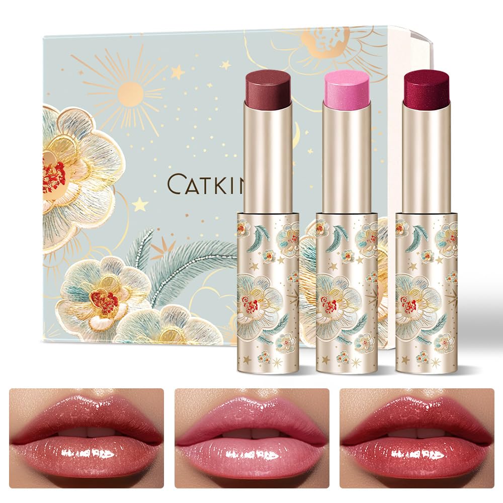 CATKIN front packaging showing three gloss balms and gift-ready box benefit: presentable set