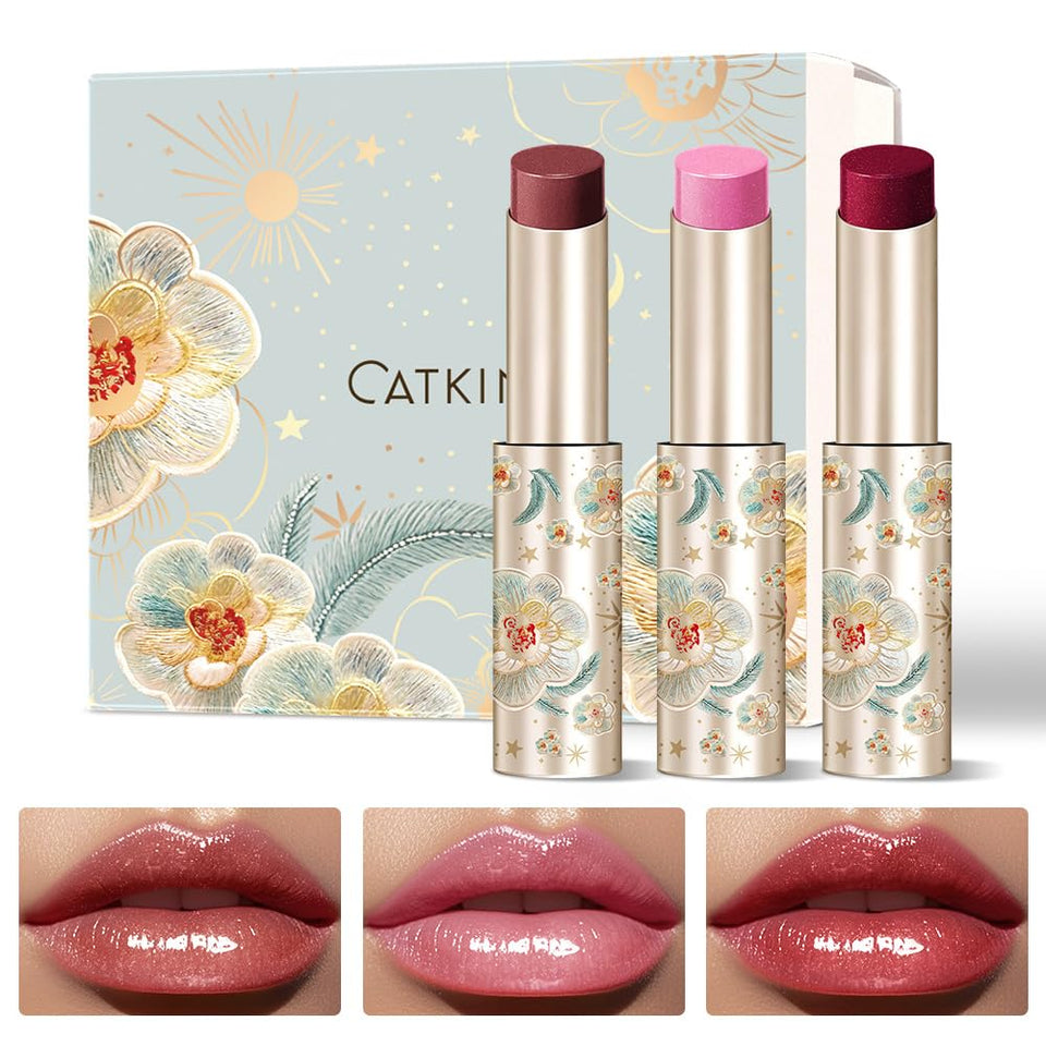 CATKIN front packaging showing three gloss balms and gift-ready box benefit: presentable set