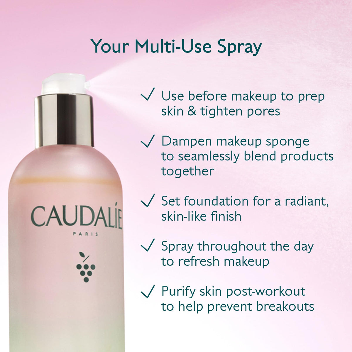 Caudalie mist applied over makeup to set and add dewy finish benefit