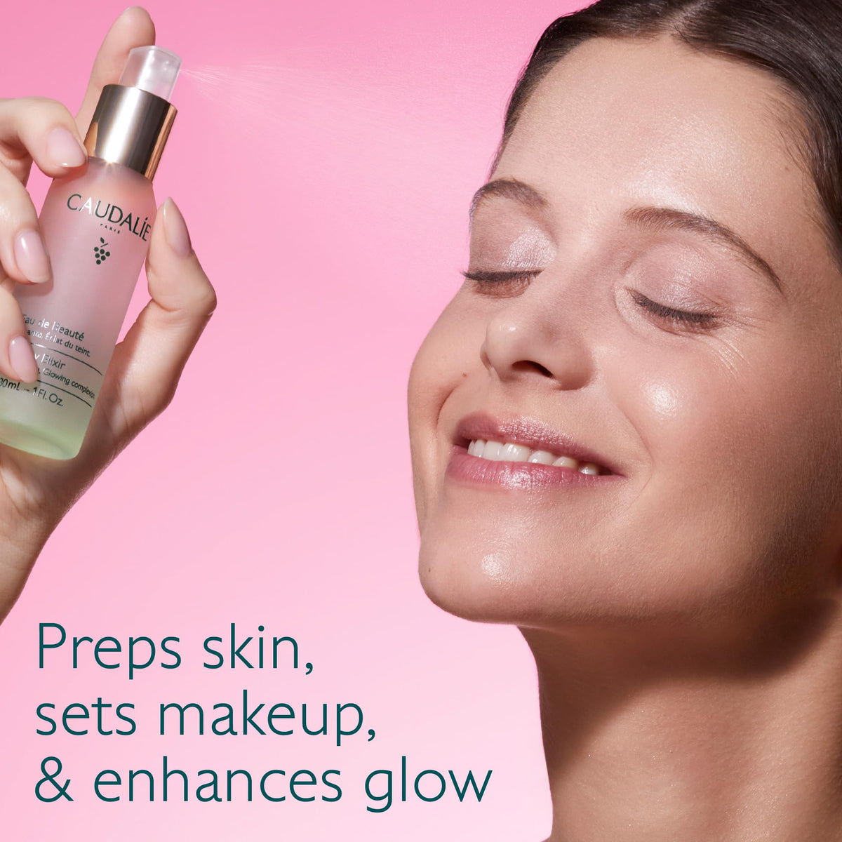 Caudalie mist spray closeup demonstrating even fine mist and refresh benefit