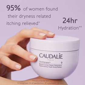 Open jar with creamy texture close-up, Caudalie texture demonstrates rich absorbency