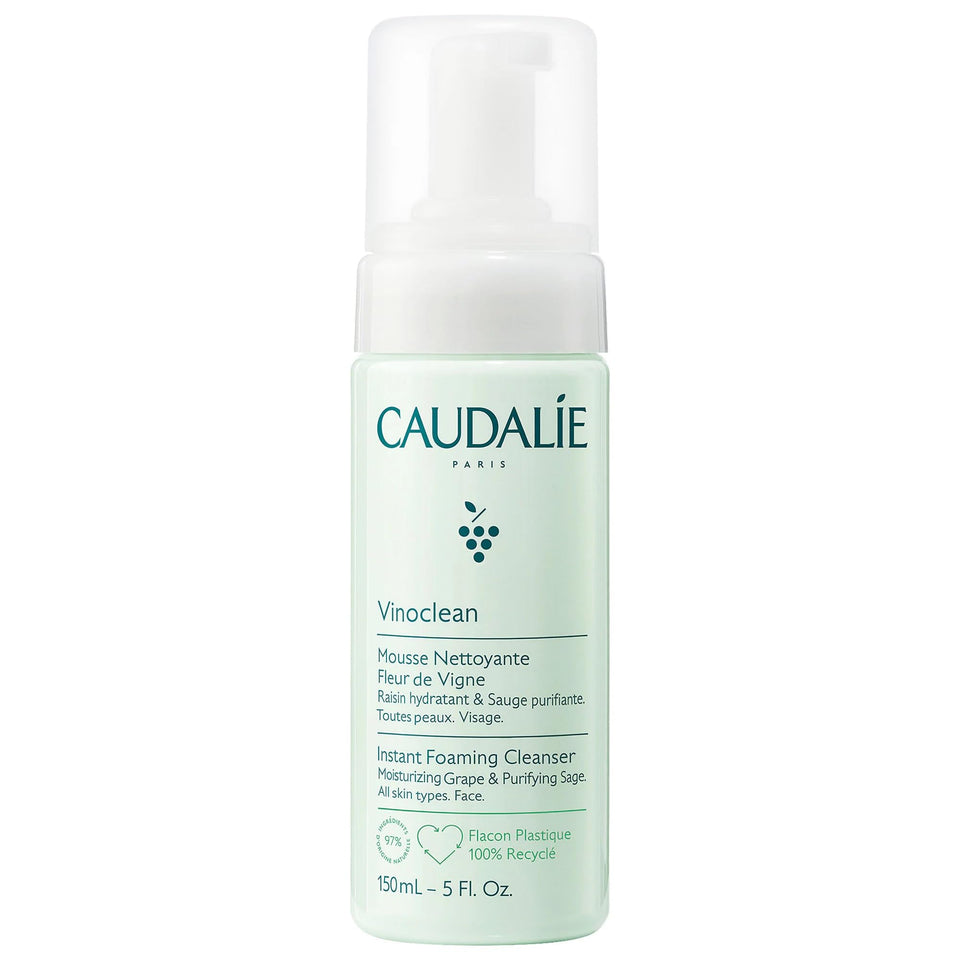 Caudalie foaming cleanser front pump showing easy dispense benefit