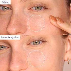 Caudalie applied to model's face demonstrating even coverage benefit