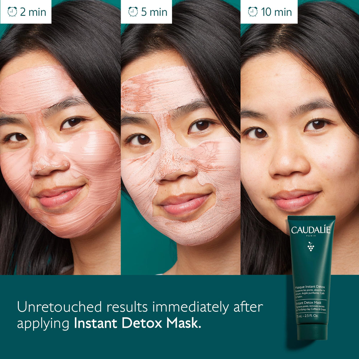 Pink clay and grape extract ingredients with Caudalie emphasizing antioxidant benefit
