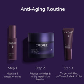 Caudalie Premier Cru Anti-Aging Serum dropper dispensing a precise dose for targeted action