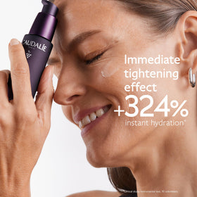 Caudalie premier cru serum texture close-up showing lightweight, fast-absorbing gel