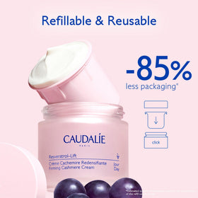 Applying Caudalie cream to neck and décolleté demonstrating lifting and smoothing benefit