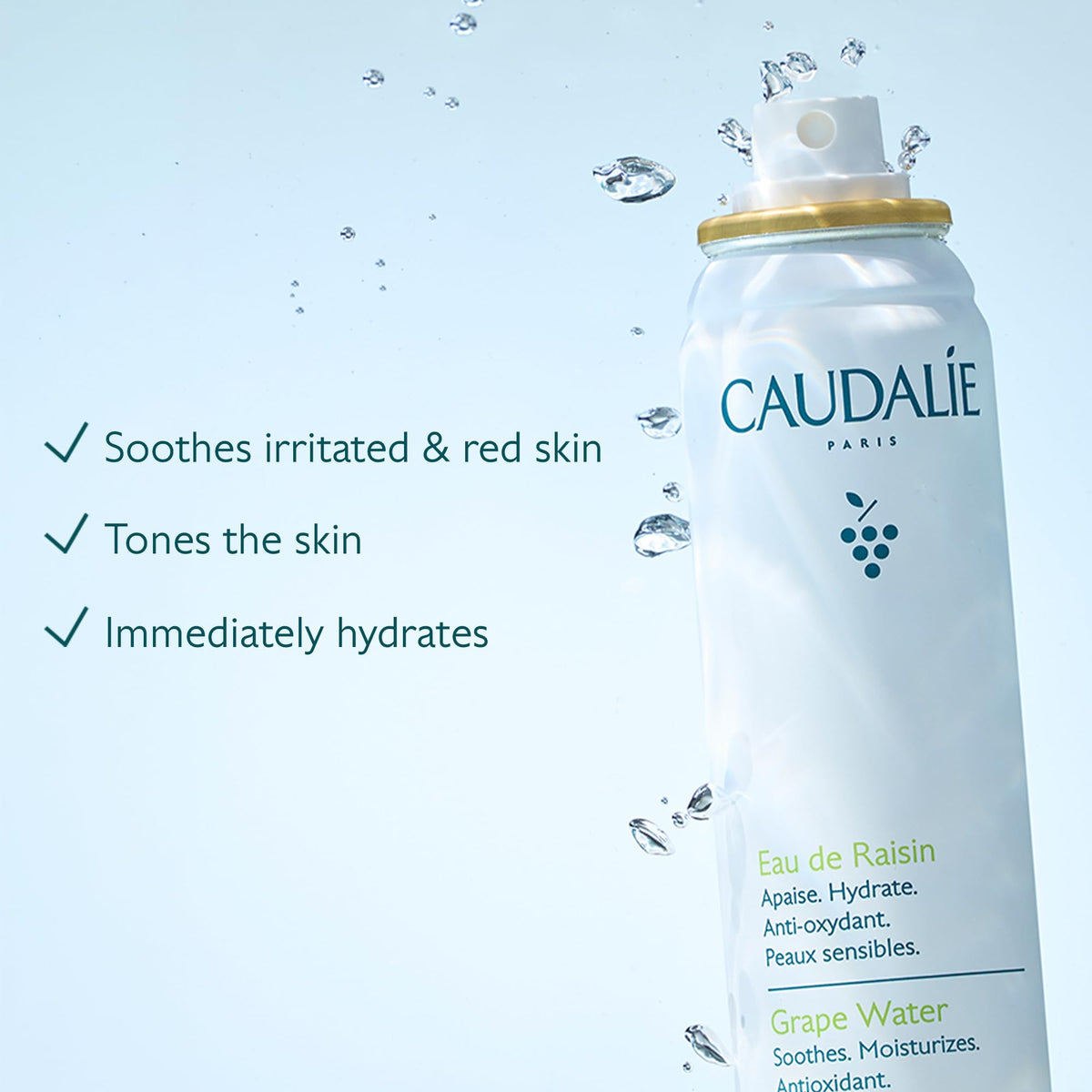 Caudalie mist spray action closeup demonstrating even, fine hydration delivery