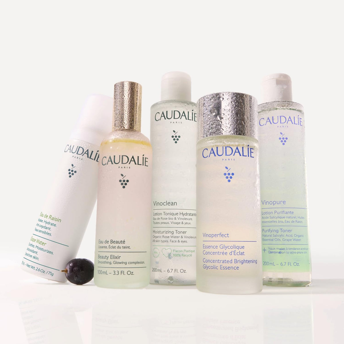 Caudalie toner staged on bathroom vanity to show everyday use and routine convenience