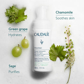Caudalie close-up label highlighting grape water and botanical ingredient benefits