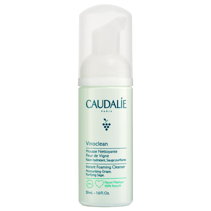 Caudalie front packaging showing 50 mL bottle and travel-friendly design benefit