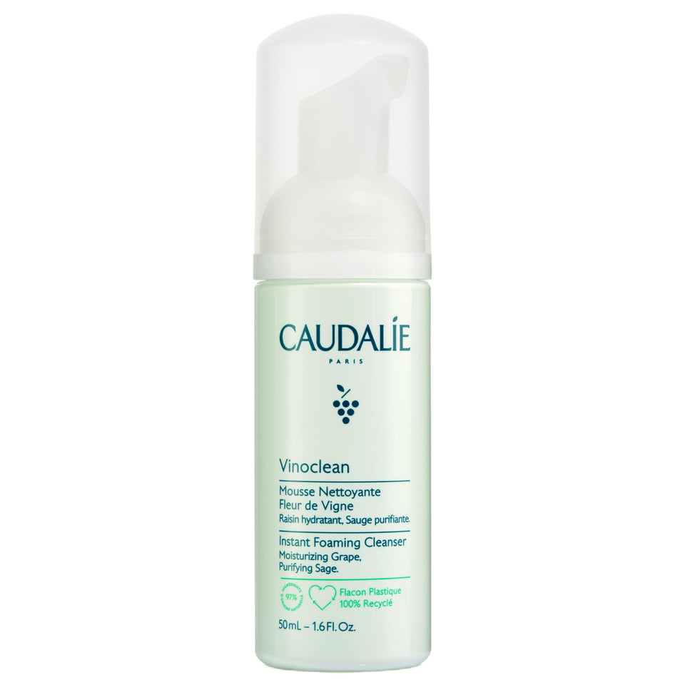 Caudalie front packaging showing 50 mL bottle and travel-friendly design benefit
