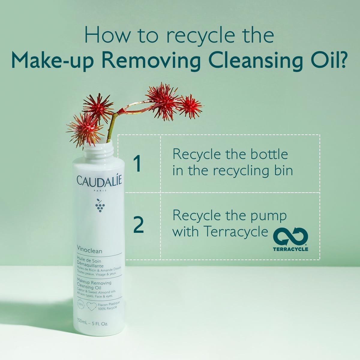 Caudalie bottle staged on bathroom counter conveying daily use