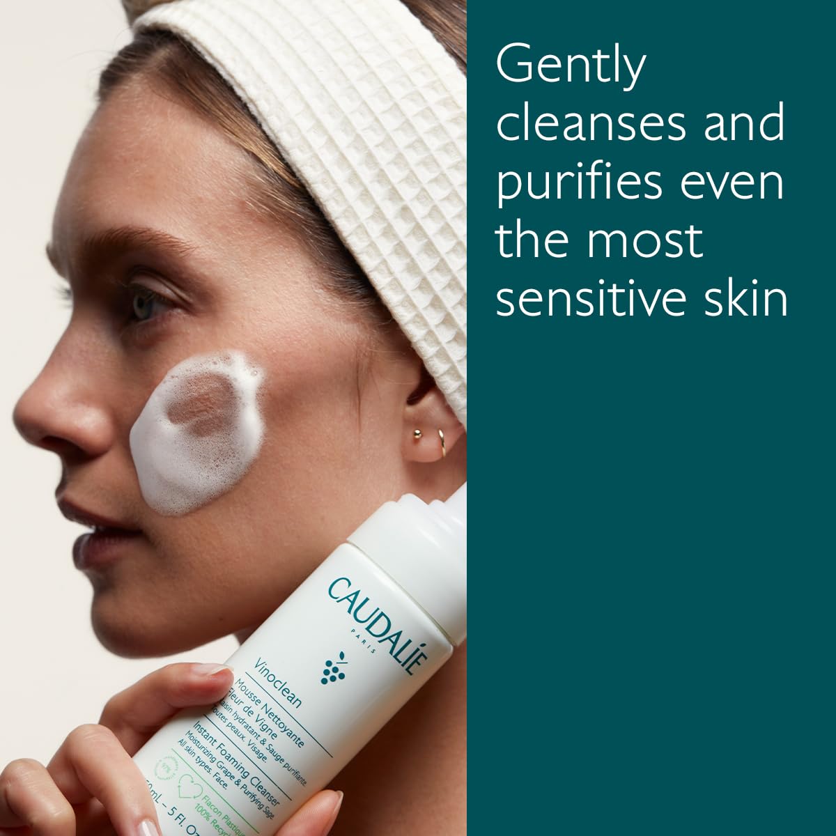 Caudalie pump dispensing whipped foam texture for gentle effective cleansing
