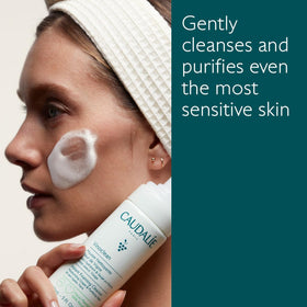 Caudalie pump dispensing whipped foam texture for gentle effective cleansing