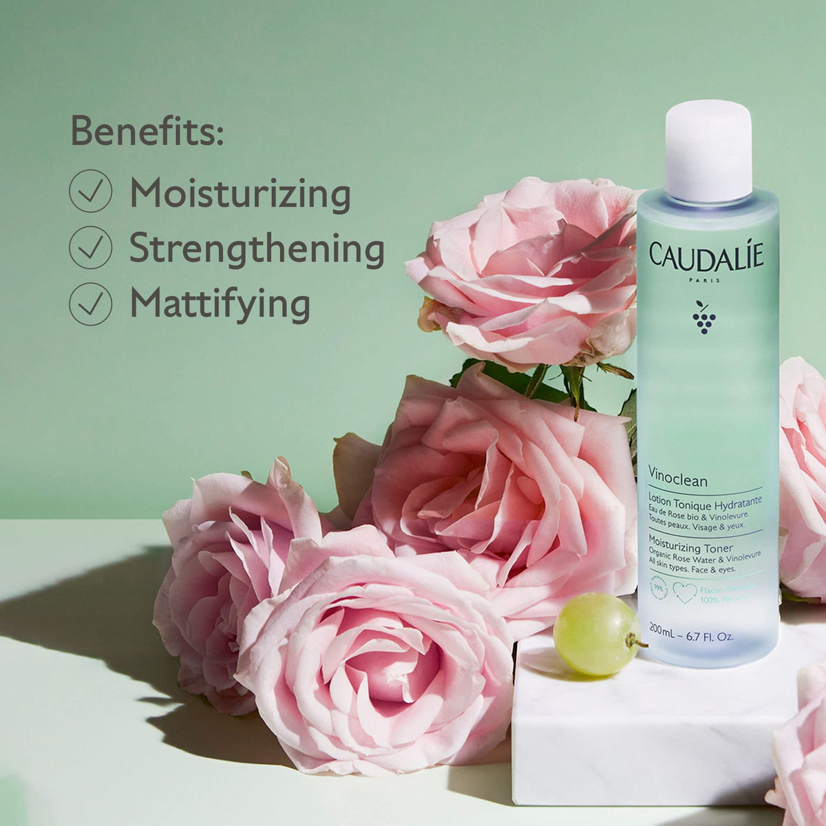 Caudalie Vinoclean rose water texture closeup highlighting lightweight hydration and gentle formula
