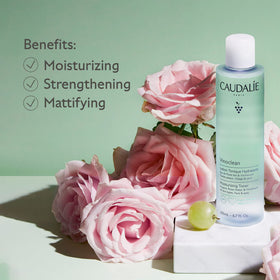 Caudalie Vinoclean rose water texture closeup highlighting lightweight hydration and gentle formula