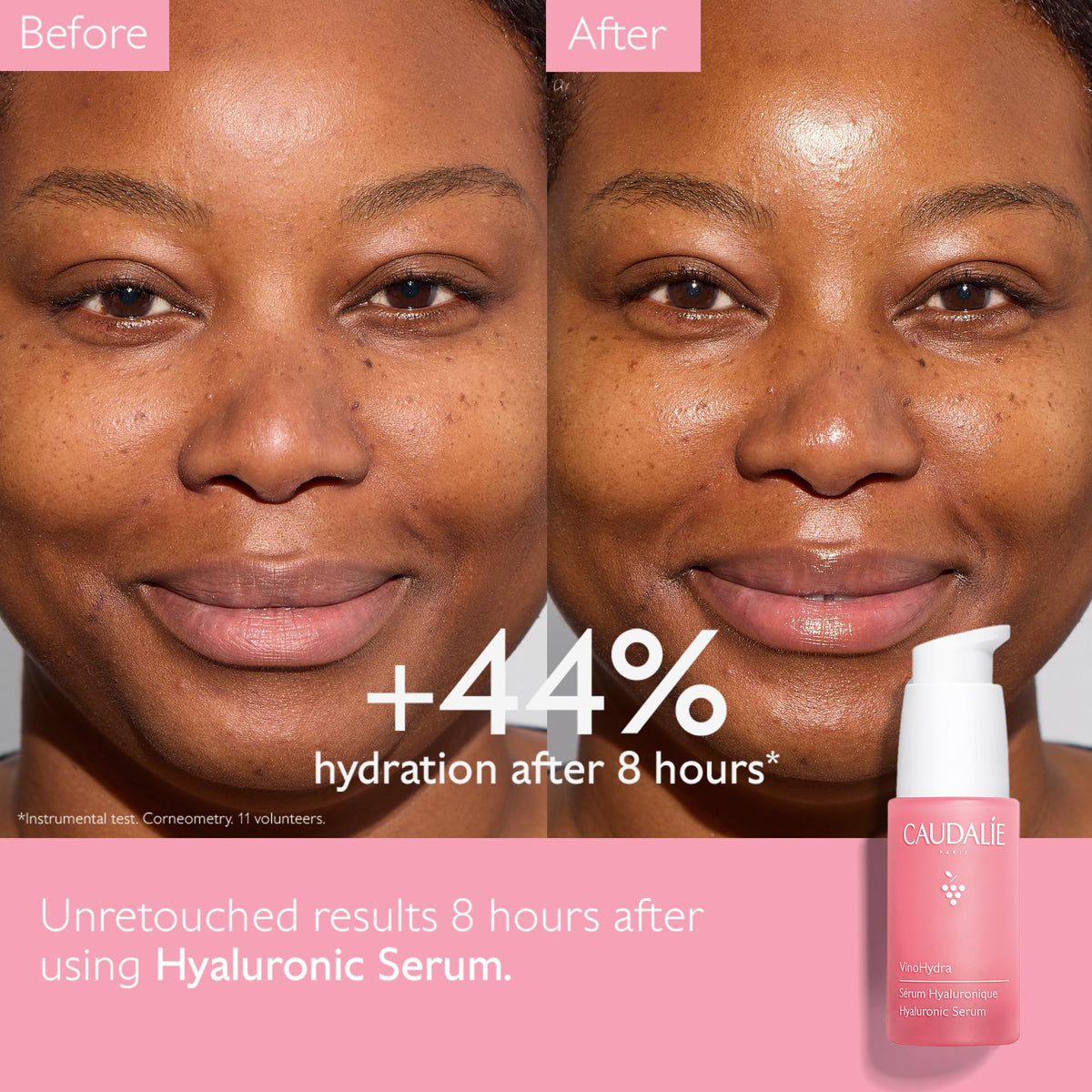 Caudalie VinoHydra dropper releasing clear serum demonstrating lightweight texture