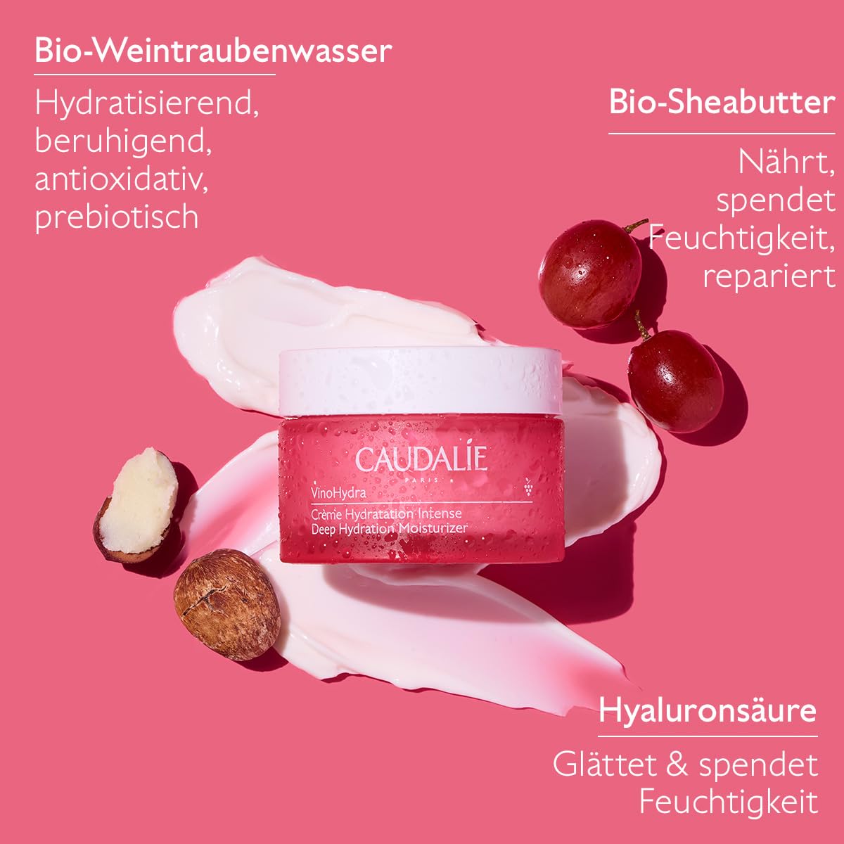 Caudalie grape water bottle ingredient image highlighting soothing hydration benefit