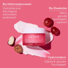 Caudalie grape water bottle ingredient image highlighting soothing hydration benefit