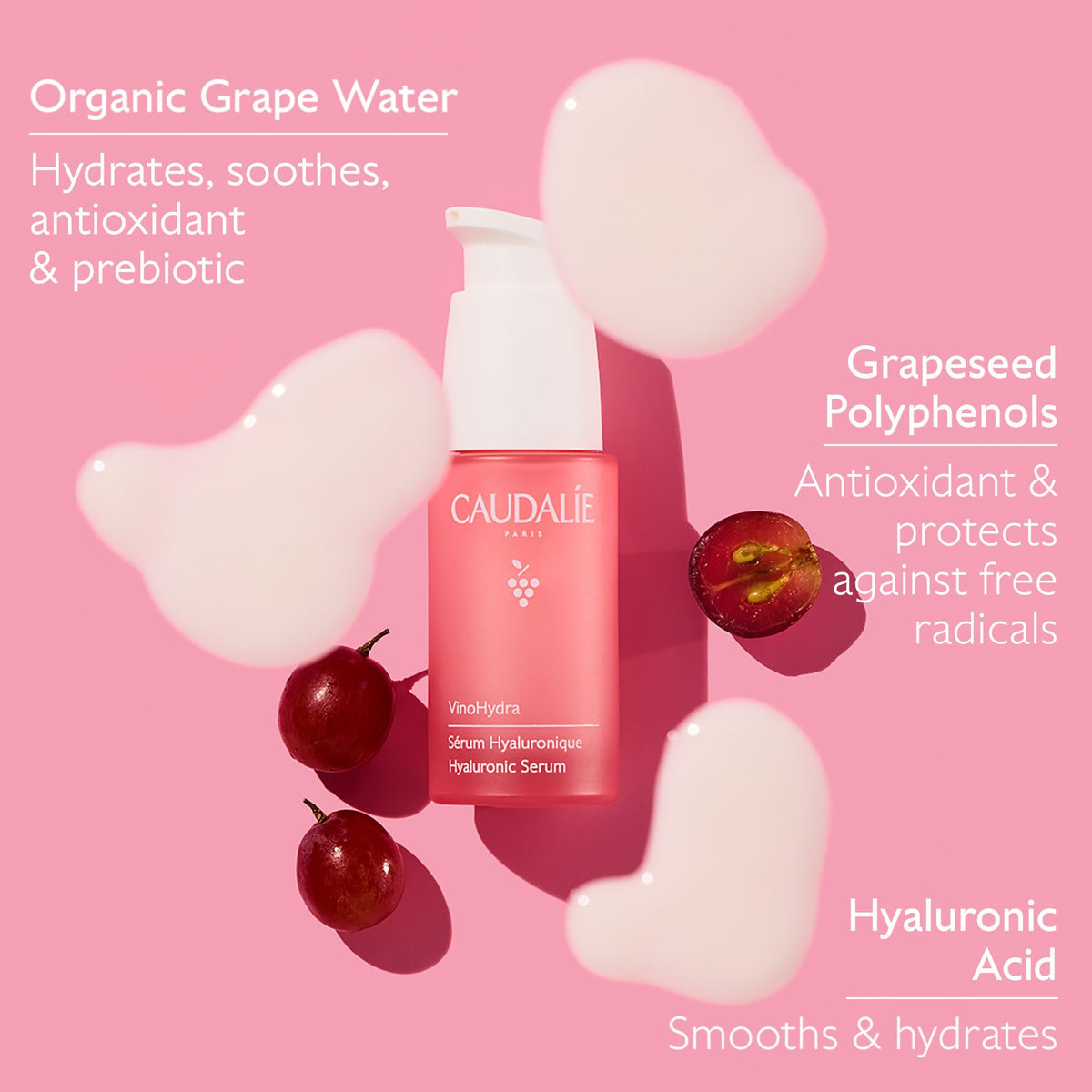 Caudalie grape water ingredient close-up highlighting antioxidant hydration benefit