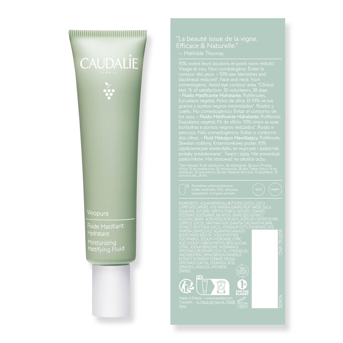Caudalie Vinopure before and after view showing reduced shine and pores