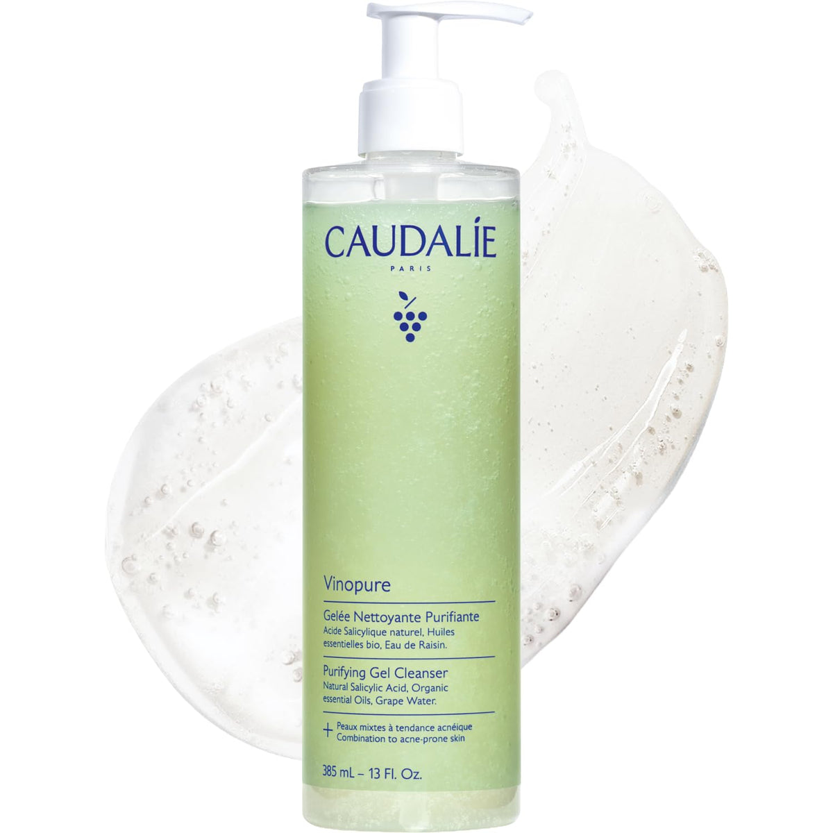 Caudalie Vinopure front packaging showing jumbo 385 mL bottle, clarifying skincare benefit