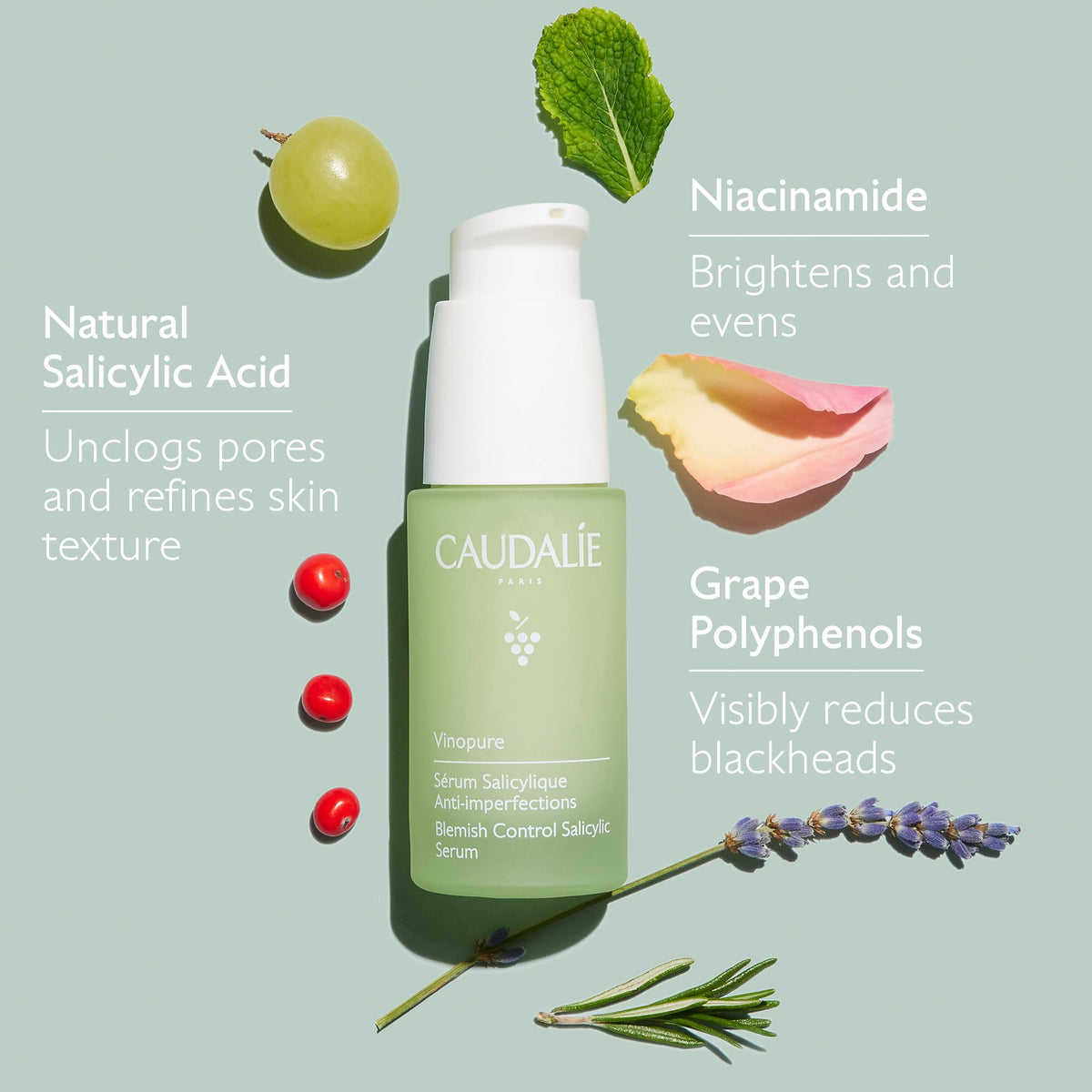 Caudalie Vinopure ingredient label highlighting salicylic acid and niacinamide benefits