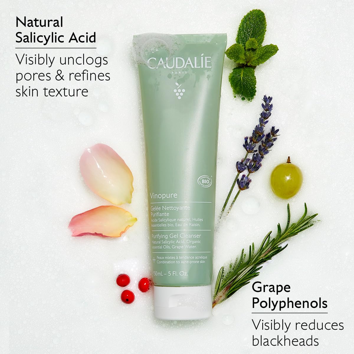 Caudalie Vinopure grape water ingredient visual highlighting hydration