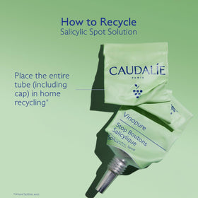 Caudalie Vinopure label detail listing salicylic acid niacinamide and tea tree benefits