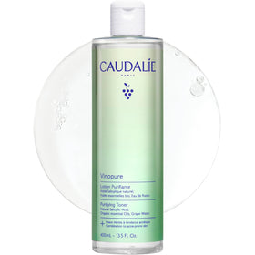 Caudalie Vinopure toner front view showing full 400ml bottle and label benefits