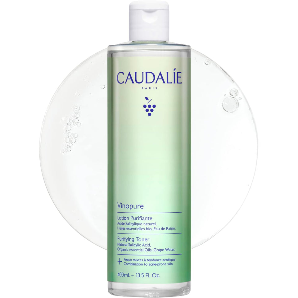 Caudalie Vinopure toner front view showing full 400ml bottle and label benefits