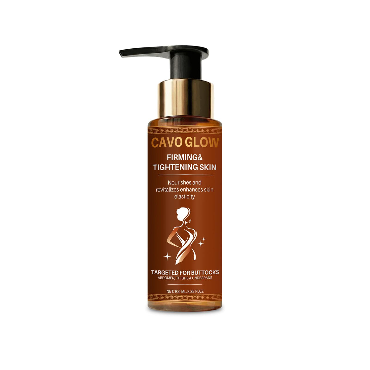 cavo glow front packaging showing 100ml bottle and label, clear benefit: travel-friendly care