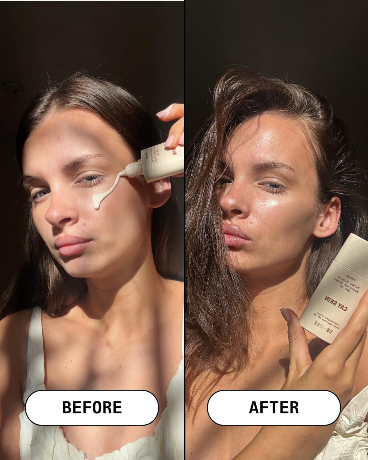 Cay Skin blended on skin side-by-side showing natural finish without white cast