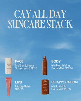 Cay Skin lifestyle beach bag photo showing reef-safe sunscreen for outings