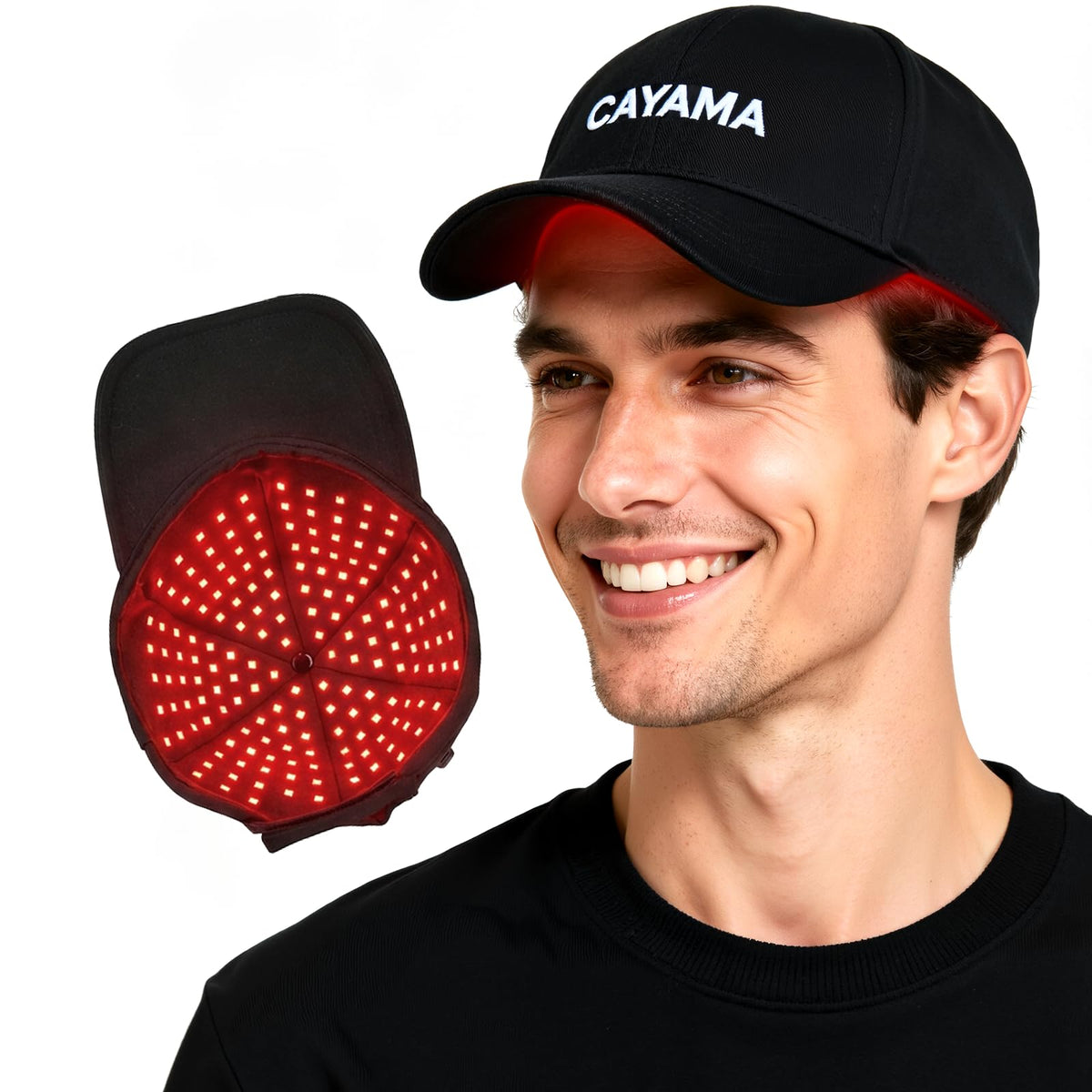 CAYAMA cap front view showing full-coverage fit and comfort benefit