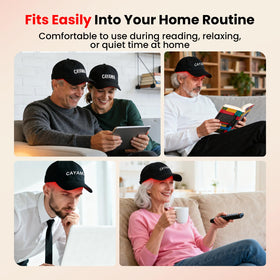 CAYAMA cap worn in use while reading for hands-free convenience benefit