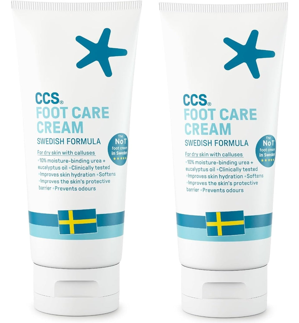 CCS foot care cream front packaging showing twin 175ml tubes and benefits