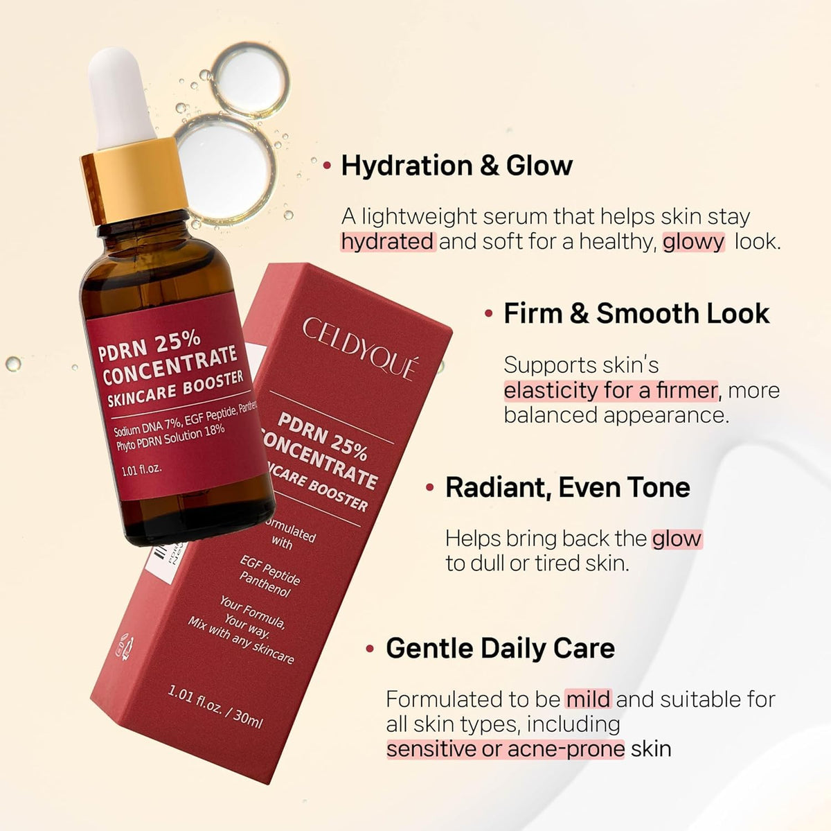 CELDYQUE dropper dispensing serum showing precise dosing and easy mixing