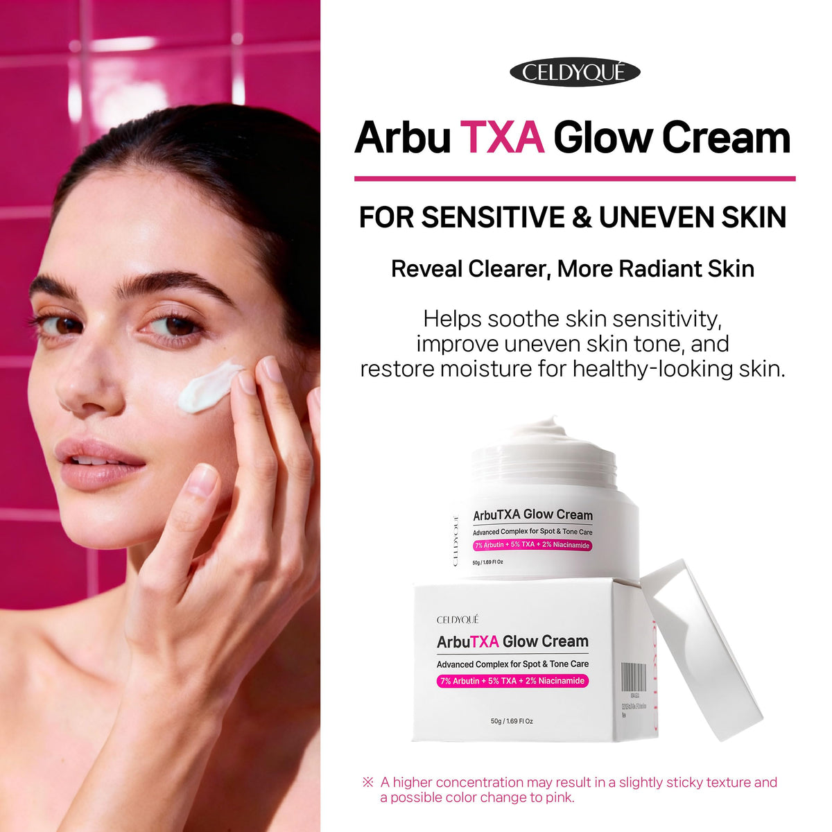 CELDYQUE ingredient bottles with arbutin and TXA, highlights powerful brightening actives