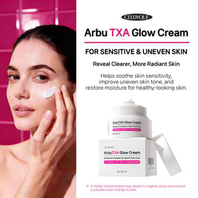 CELDYQUE ingredient bottles with arbutin and TXA, highlights powerful brightening actives