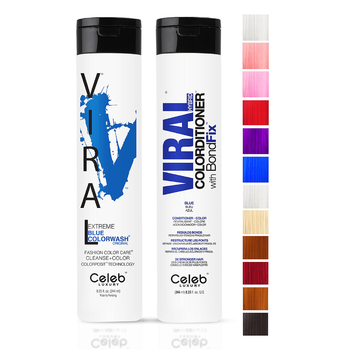 Celeb Luxury Blue Duo front packaging showing both shampoo and conditioner, clear brand and product benefit