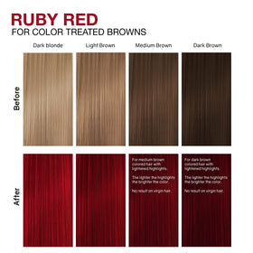 Celeb Luxury before and after highlights comparison showing brighter red tone on lightened strands after use