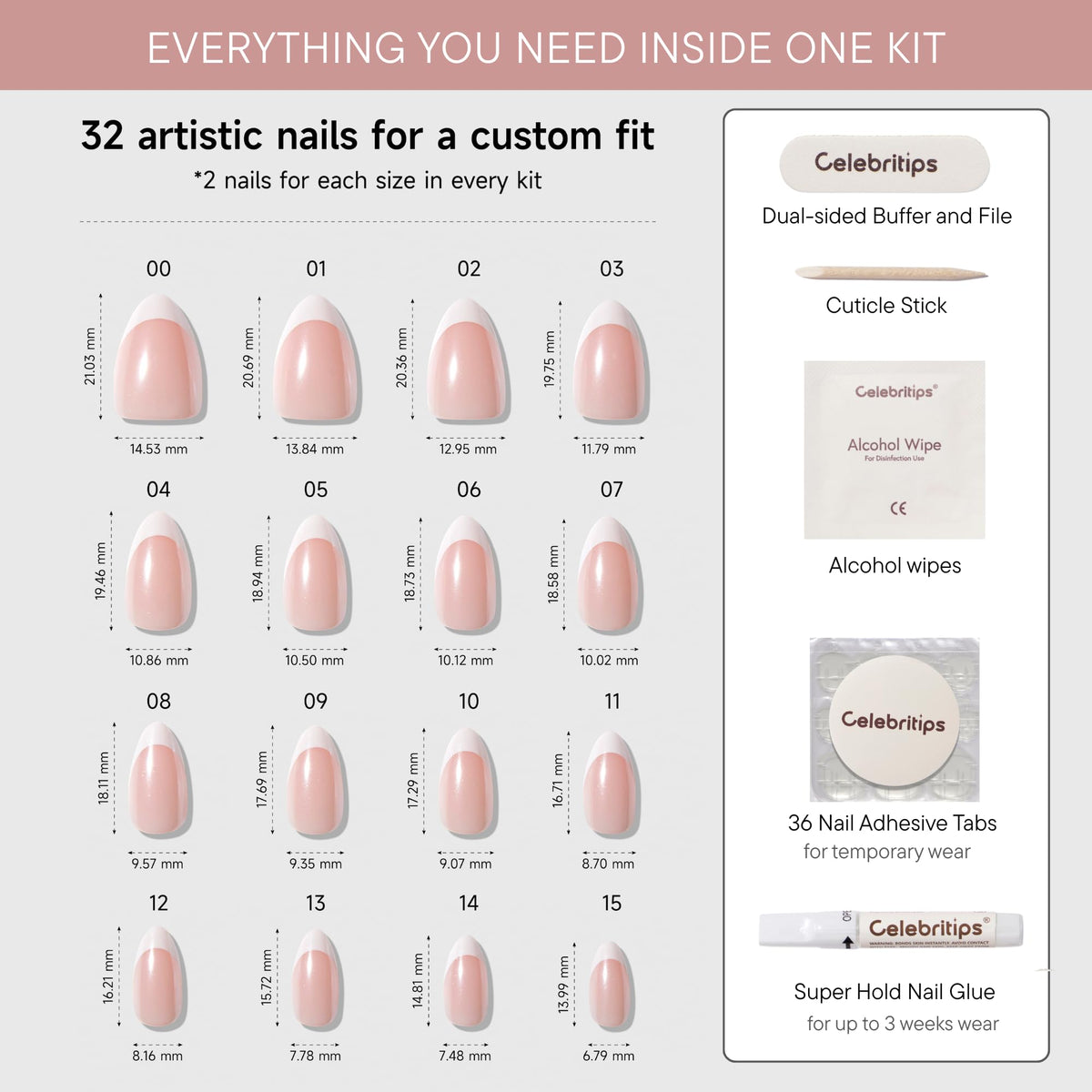 Celebritips kit contents laid out: glue, tabs, buffer, file, cuticle stick, alcohol pad